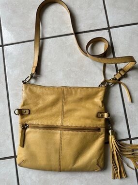 Mustard Yellow Leather Crossbody Bag with Tassel